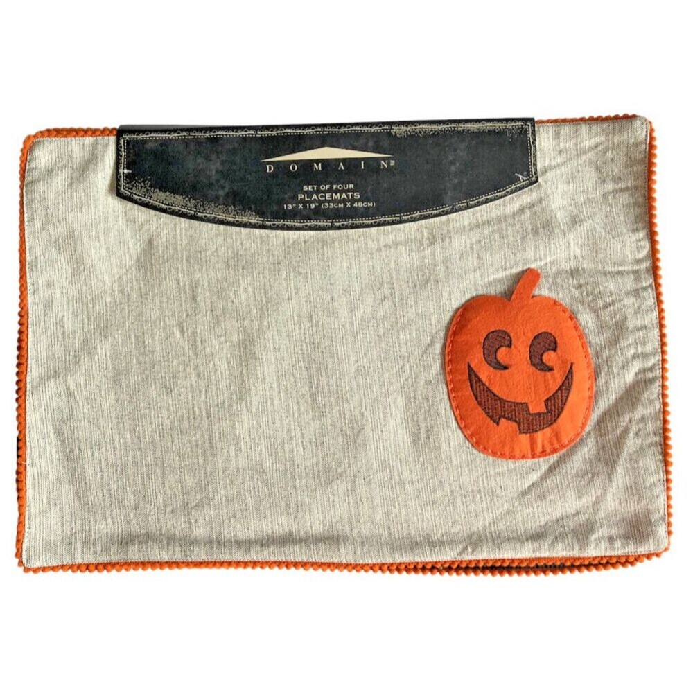 Halloween Placemats with Cutlery Pocket Pumpkin Set Of 4 Pom Edge Gray 13x19"